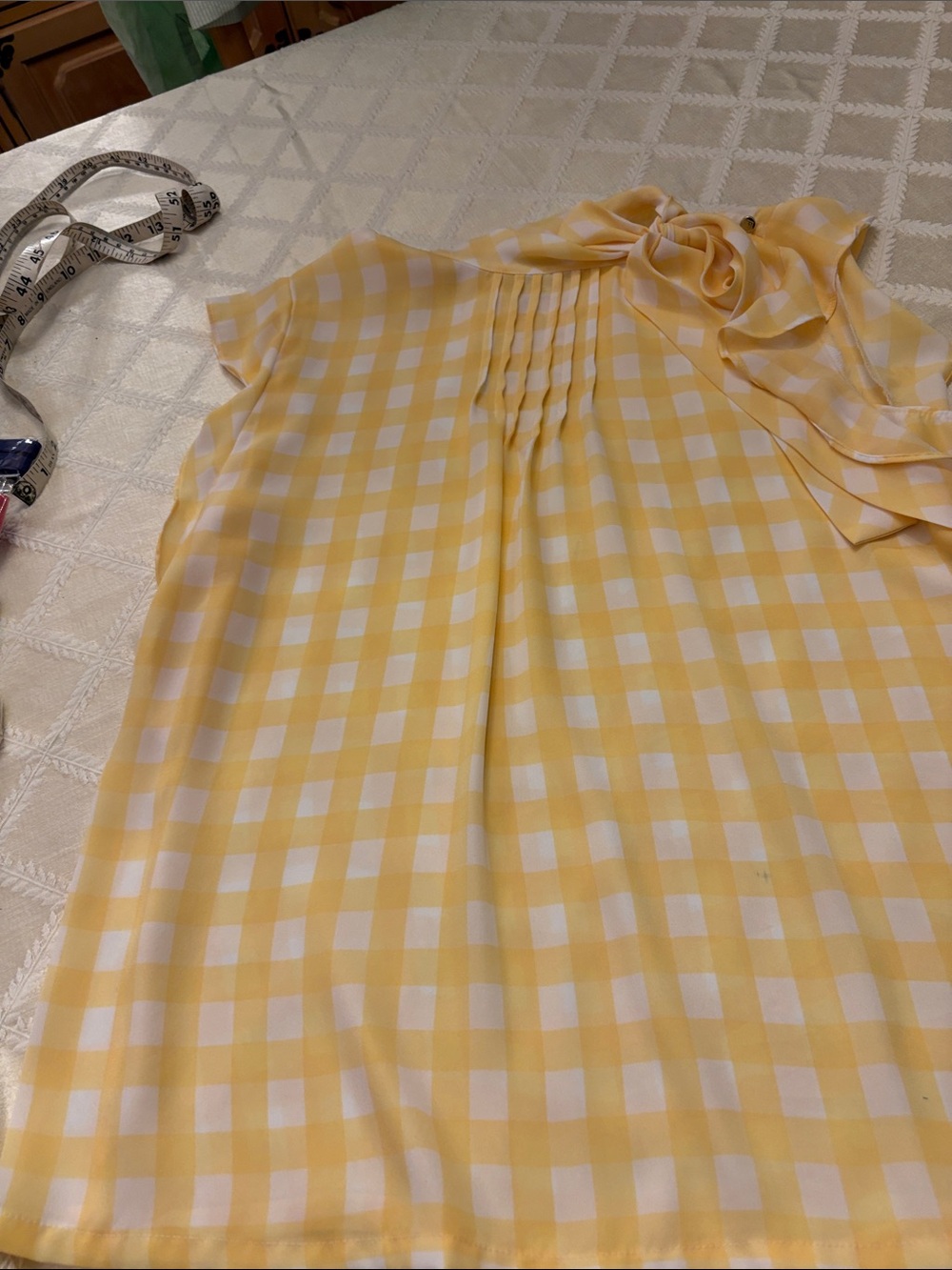 Liz Claiborne Yellow and White Gingham blouse with Neck Bow